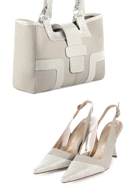 Off white women's dress handbag, matching pumps and belts. Top view - Florence KOOIJMAN